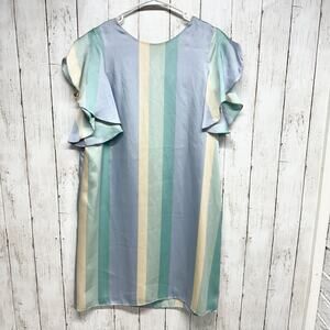 Mango Dress Women Size 8 Blue & Green Striped Shift Satin Finish Ruffled Sleeve